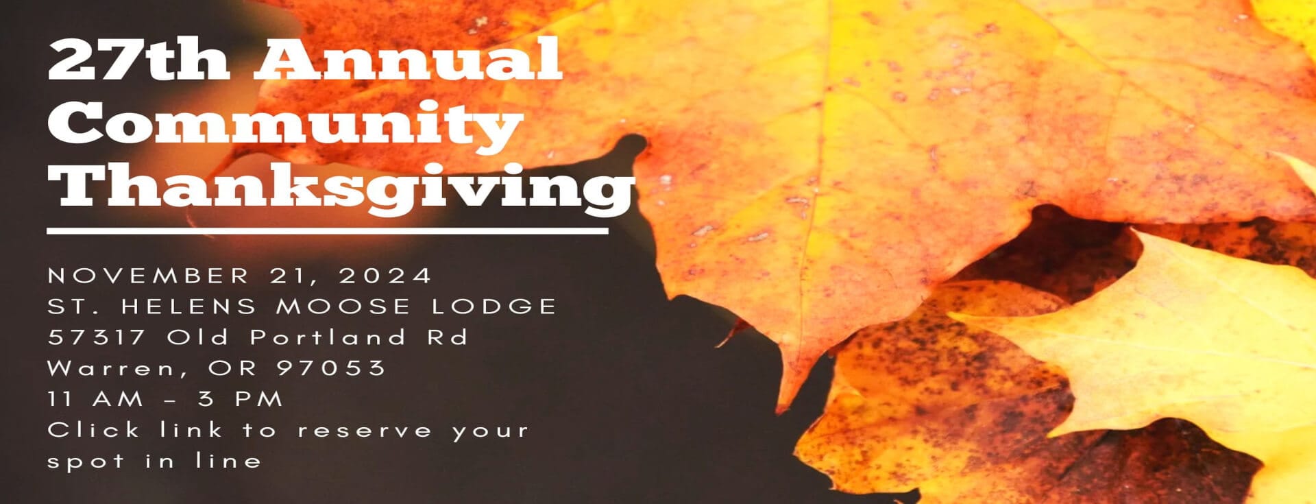 Banner promoting the 27th Annual Community Thanksgiving Event, on 21 Noviembre